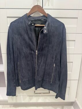 Theory Men’s Dark Navy Suede Zip Bomber Jacket